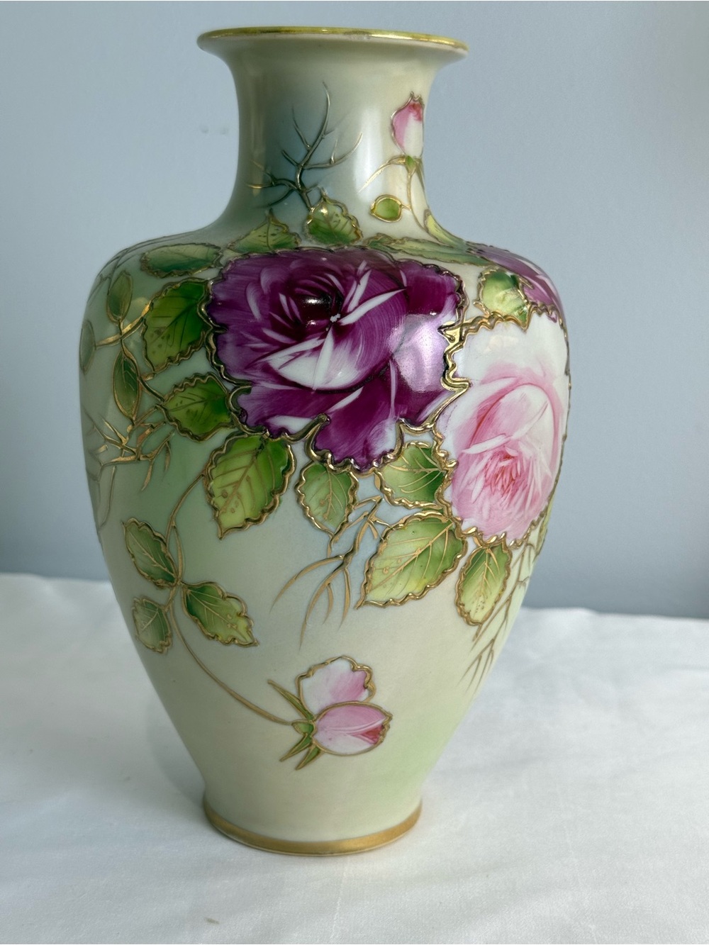 Vintage Vase Antique Hand Painted Nippon Floral Roses Gold Gilt Porcelain
